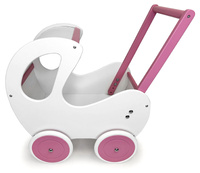 Biało-różowy, głęboki wózek z drewna dla lalki - zabawki dla dziewczynek