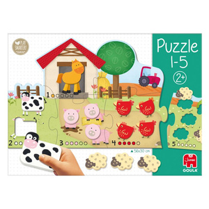 Duże drewniane puzzle dla dzieci Farma i cyferki 1-5 Goula 53438 Nauka przez zabawę
