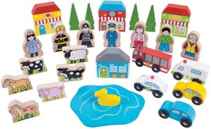 Zestaw akcesoriów do kolejki dla dzieci Bigjigs Rail BJT054 budynki figurki drewniane