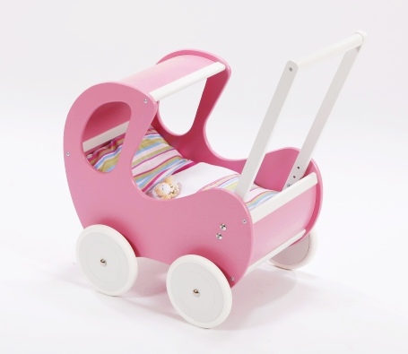 Drewniany wózek dla lalek z budką w stylu Retro, Różowa różyczka na spacerze