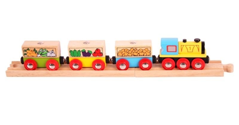 Drewniany pociąg towarowy z owocami i warzywami, Bigjigs Rail