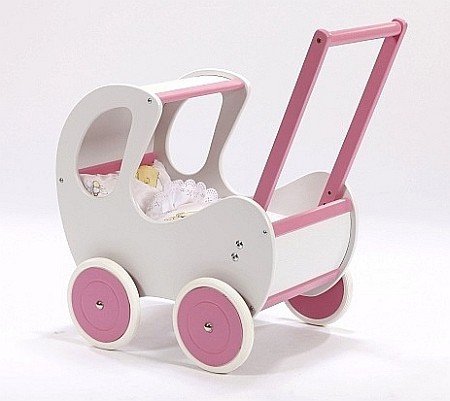 Drewniany wózek dla lalek z budką w stylu Retro, Biała różyczka na spacerze