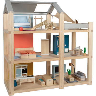 Duży drewniany domek dla lalek w stylu skandynawskim z 3 piętrami i tarasem z mebelkami Natura Small Foot 12541 Domki dla lalek