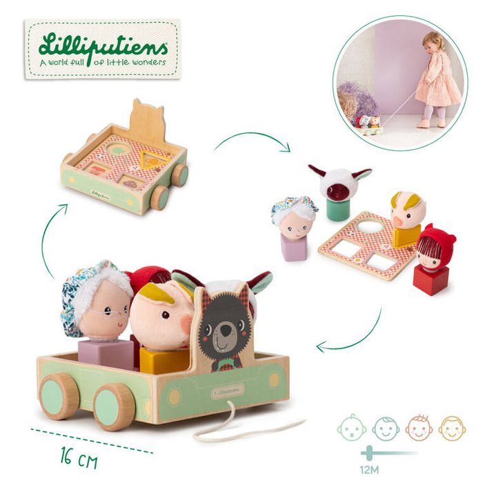 Drewniany wózek multifunkcyjny z sorterem do ciągnięcia Wilk Louis 83470 LILLIPUTIENS