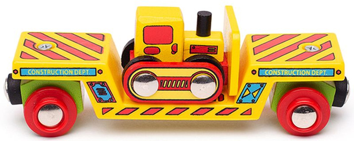 Drewniany wagon do kolejki dla dzieci z buldożerem Bigjigs Rail BJT415