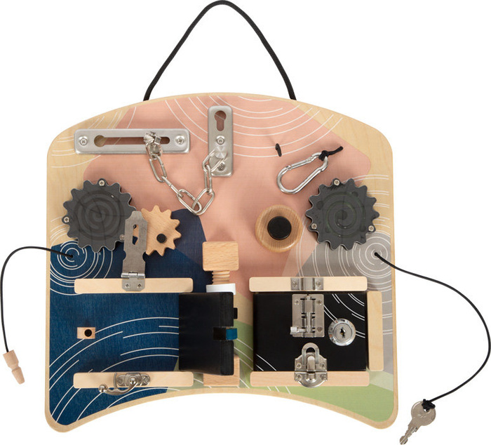 Drewniana motoryczna tablica edukacyjna z zamkami i obracającymi się elementami Small Foot 12392