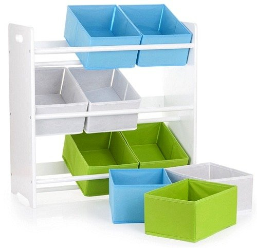 Drewniany regał z pojemnikami na zabawki Biel