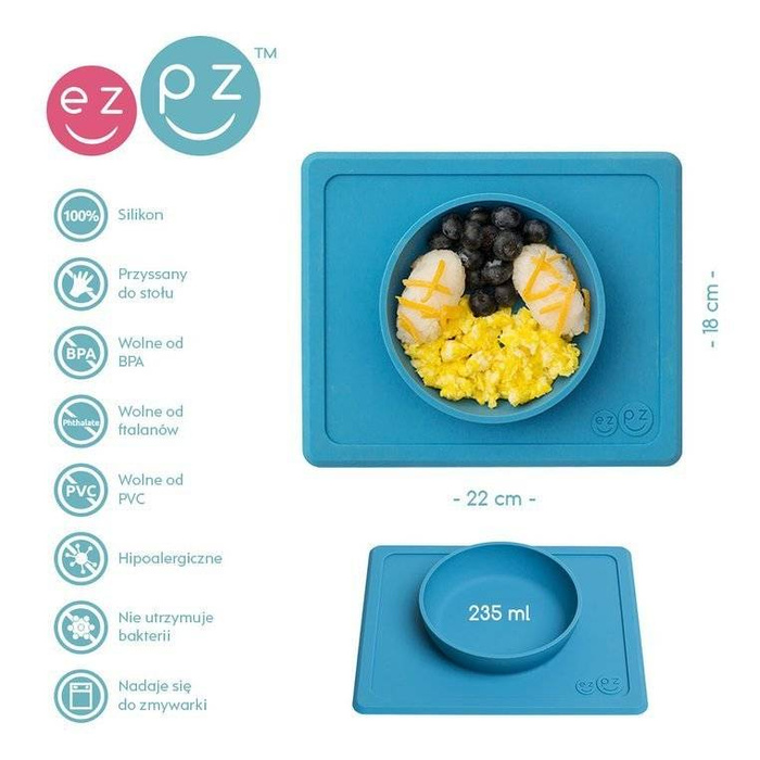 Silikonowa miseczka z podkładką 2w1 Mini Bowl niebieska EUMBB003-EZPZ, naczynia dla dzieci