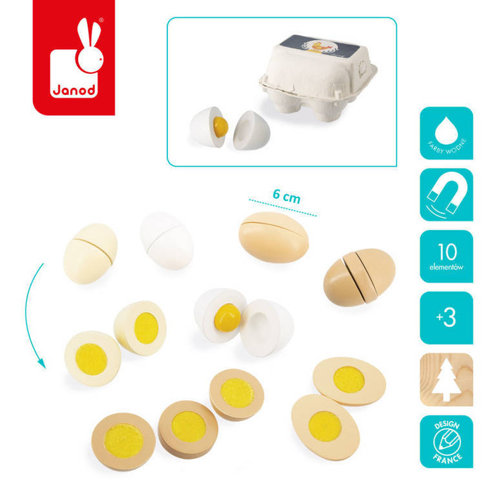 Wytłaczanka z 4 drewnianymi jajkami 3+ J06593-Janod, zabawki do kuchni