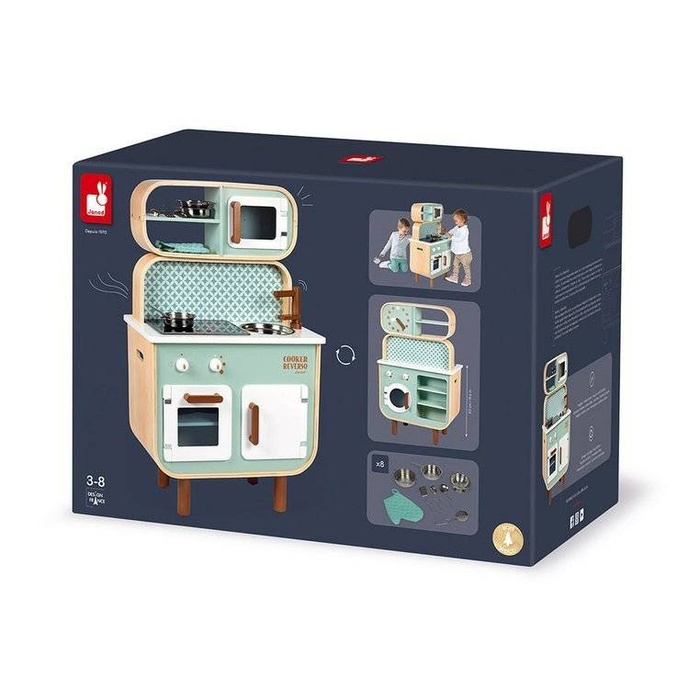 Dwustronna drewniana kuchnia z pralką 2w1 z dźwiękiem światłem LED i 8 akcesoriami Janod J06594