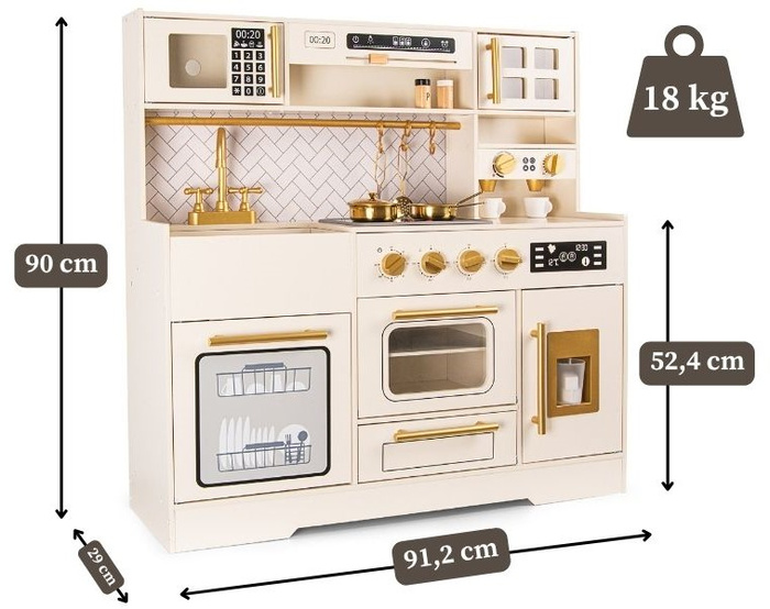 Drewniana kuchnia dla dzieci z płytą indukcyjną światłem i dźwiękiem oraz złotymi akcesoriami