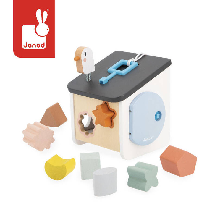 Drewniany sorter z 8 klockami Domek dla ptaszków Sweet Cocoon 18 m +, Janod