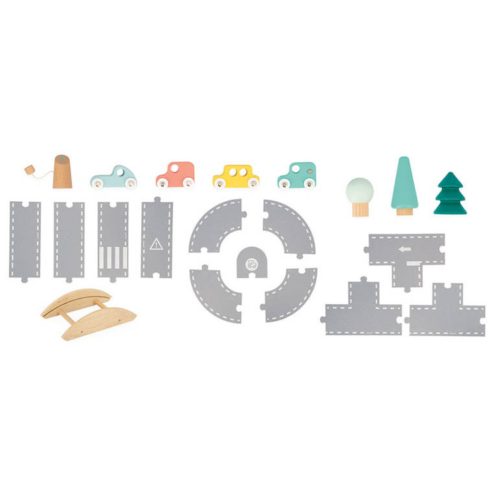 Filcowy tor dla samochodów z akcesoriami Janod J04631