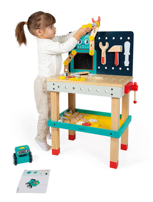 Duży stolik z narzędziami 60 el warsztat drewniany magnetyczny Robot Brico Kids Janod J06457