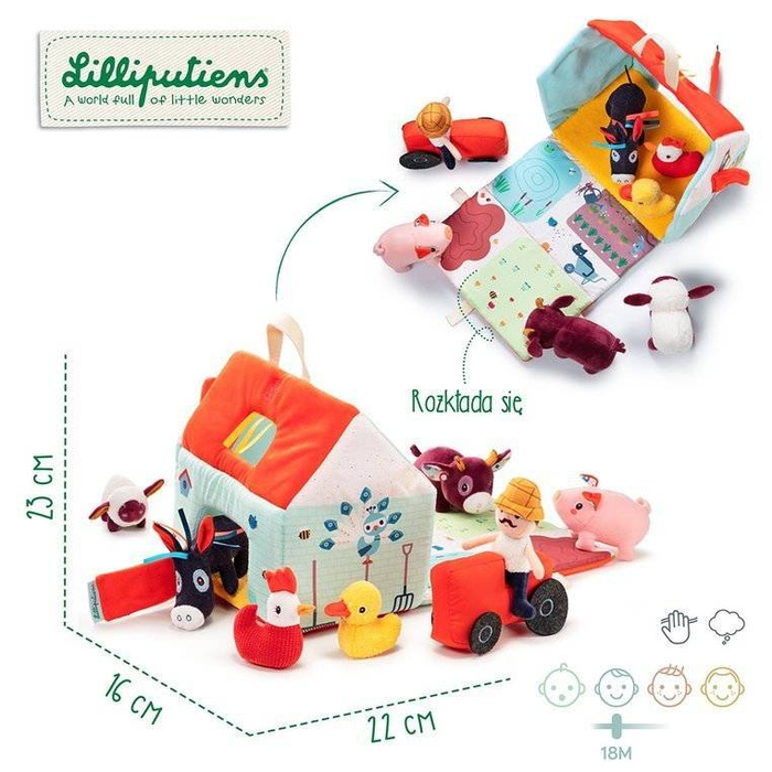 Rozkładany domek manipulacyjny Farma z 6 zwierzątkami rolnikiem i traktorem 86791 LILLIPUTIENS