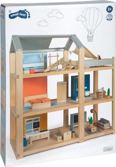 Duży drewniany domek dla lalek w stylu skandynawskim z 3 piętrami i tarasem z mebelkami Natura Small Foot 12541 Domki dla lalek