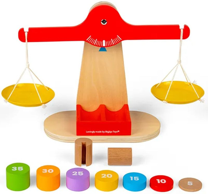 Drewniana waga szalkowa z odważnikami Bigjigs 36033 zabawa w sklep i kuchnię