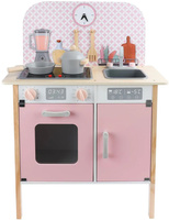 Drewniana kuchnia dla dzieci z naczyniami i zegarem różowy kolor światło dźwięk