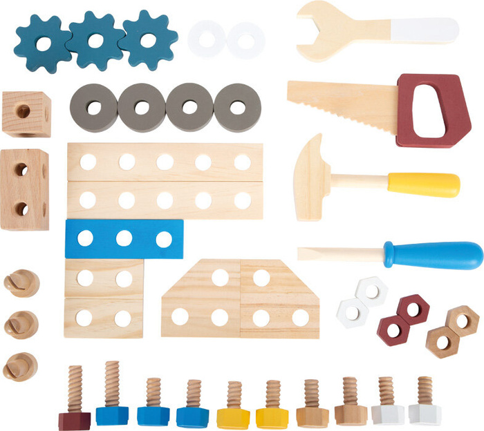 Wielofunkcyjny drewniany stół warsztatowy z imadłem i schowkiem Workshop Small Foot 12558 narzędzia dla dzieci