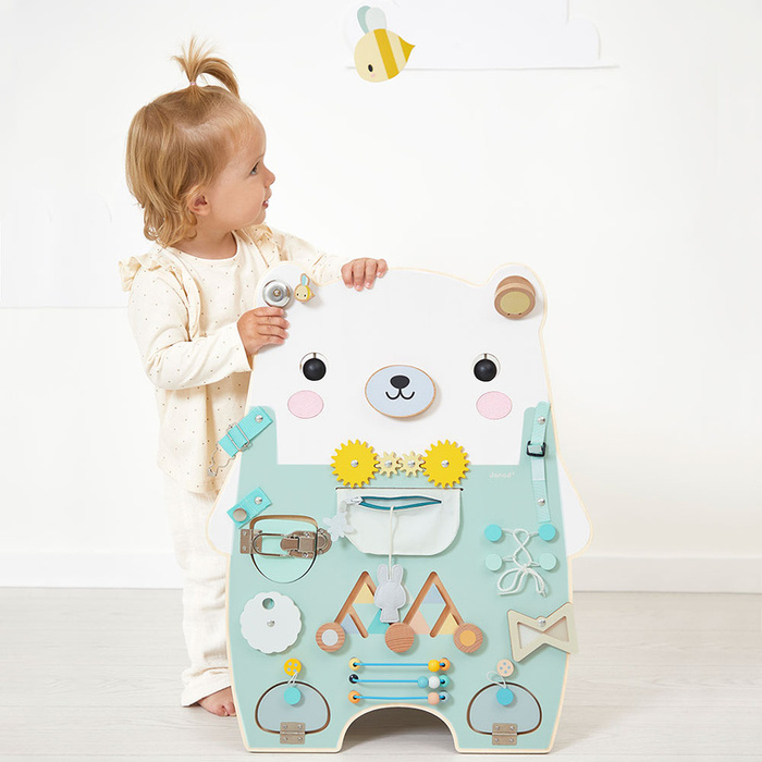 Duża drewniana tablica manipulacyjna 20 aktywności Miś Pure Janod J05162