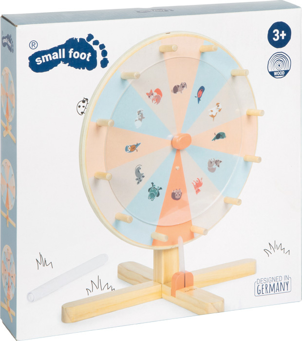 Konfigurowalne drewniane koło fortuny nagród z wymiennymi panelami i długopisem ścieralnym Przyjaciele z ogrodu Small Foot 12645