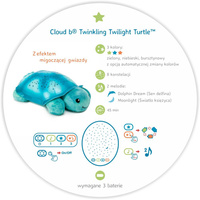 Lampka nocna z projekcją świetlną Cloud b® Twinkling Twilight Turtle™ Aqua CLTT-7323-T2 Żółw niebieski dla najmłodszych