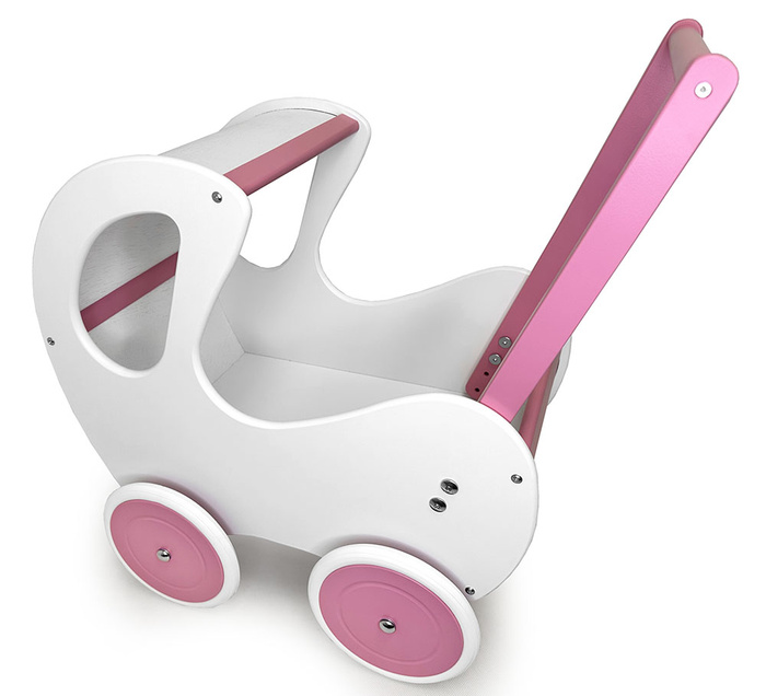 Biało-różowy, głęboki wózek z drewna dla lalki - zabawki dla dziewczynek