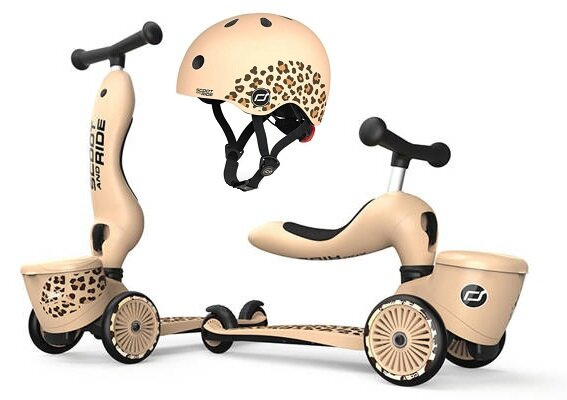 Zestaw SCOOTANDRIDE Kask + Highwaykick1 2w1 jeździk i hulajnoga z zamykanym schowkiem Leopard