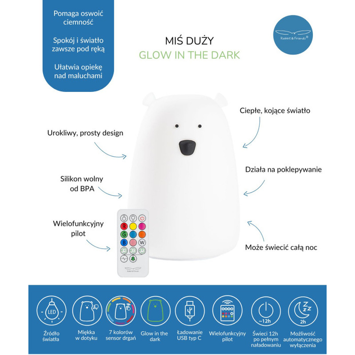 Lampka silikonowa z pilotem Duży Miś świecący w ciemności Rabbit & Friends 520093 Lampki nocne dla dzieci