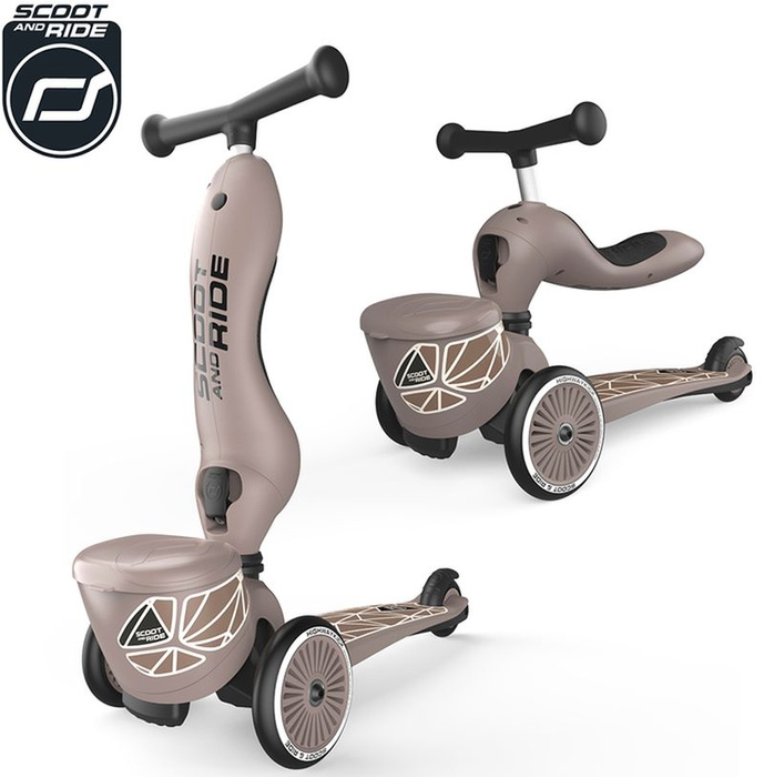 Zestaw SCOOTANDRIDE Kask + Highwaykick1 2w1 jeździk i hulajnoga z zamykanym schowkiem Brown Lines