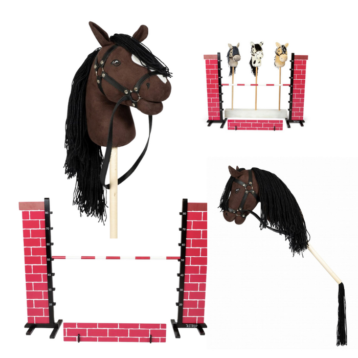 Zestaw dla Hobby Horse Koń na kiju brązowy z otwartą buzią i przeszkoda mur Astrup 