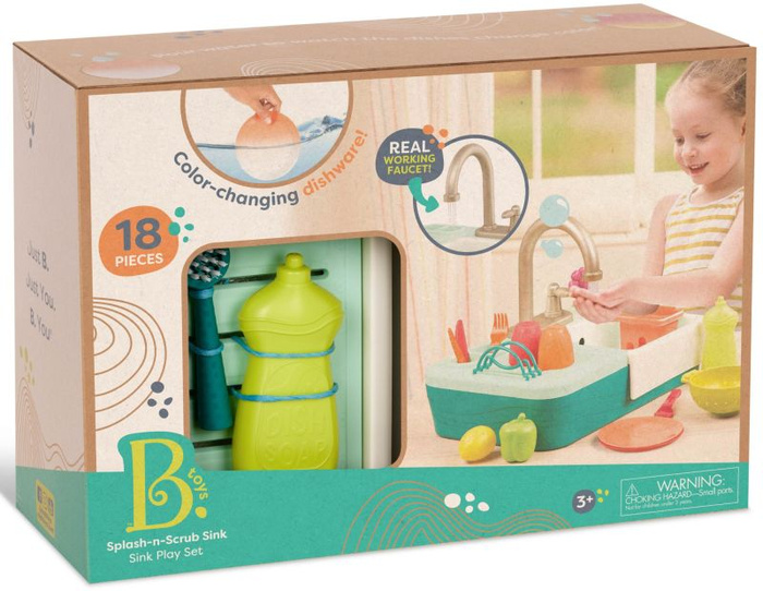 Zlew z działającym kranem i akcesoriami dla dzieci Splash-n-Scrub Sink B.Toys BX2070 zabawa w kuchnię