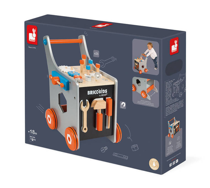 Szary jeździk, pchacz, warsztat z narzędziami dla dzieci i tablica na magnesy BRICO 'KIDS, JND06478-Janod, zabawki dla chłopców