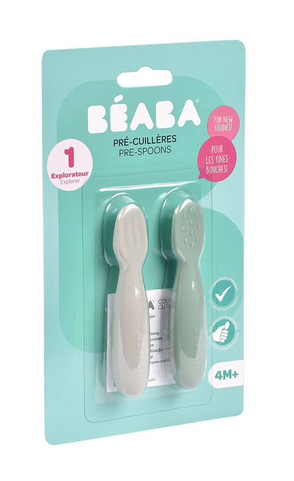 Zestaw 2 silikonowych pierwszych łyżeczek-gryzaków Sage green velvet grey Beaba 913578