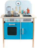 Drewniana kuchnia dla dzieci z naczyniami i zegarem niebieski kolor światło dźwięk