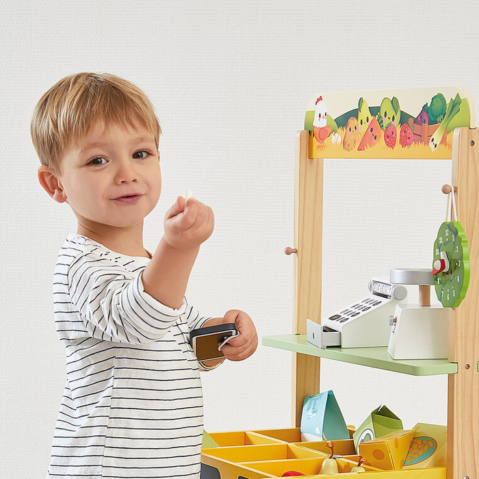 Duży sklep warzywniak z drewna i komplet akcesoriów 50 el. Farma J03322 Janod