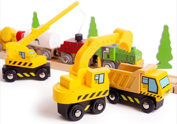 Zestaw drewnianych samochodów budowlanych do kolejki dla dzieci BJT065 Bigjigs Rail