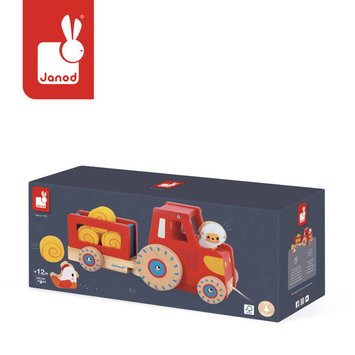 Drewniany traktor do ciągnięcia z przyczepą i załadunkiem Farma J03317 Janod