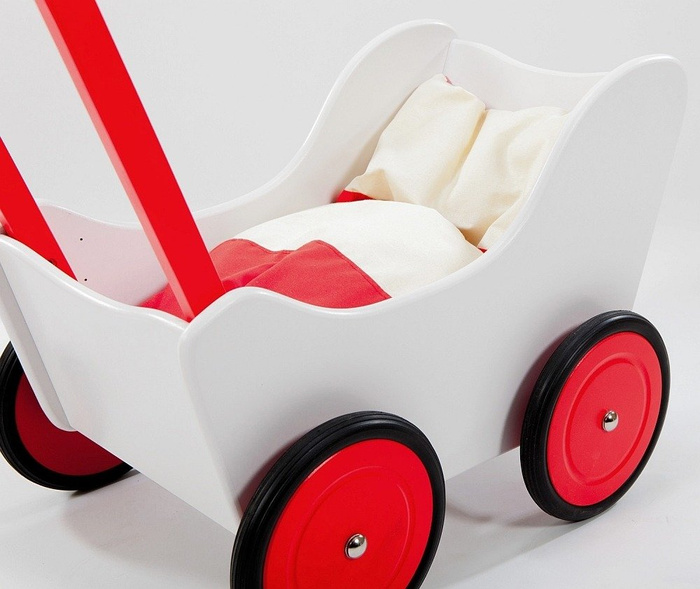Biało-czerwony wózek z drewna dla lalki - zabawki dla dziewczynek