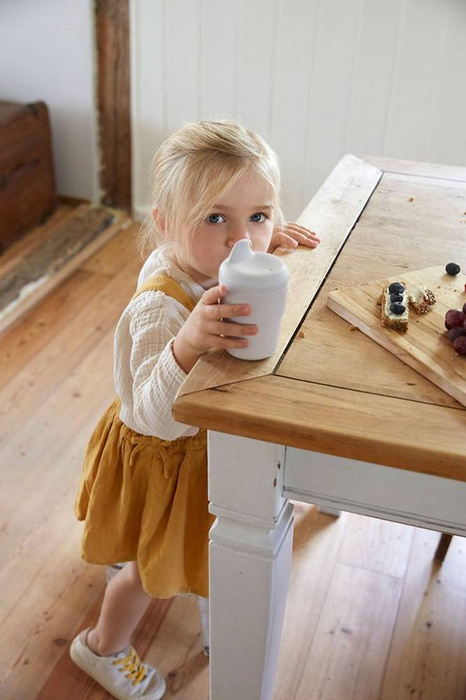 Szary kubek z dziubkiem i silikonową pokrywką Little Chums Kot 1310061108-Lassig, kubki dla dzieci