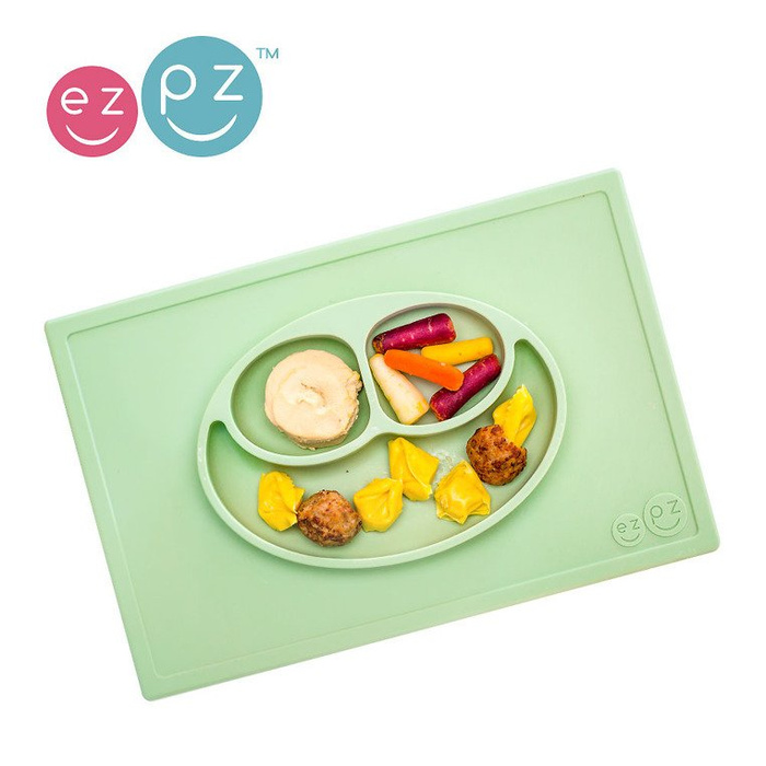 EZPZ Silikonowy talerzyk z podkładką 2w1 Happy Mat pastelowa zieleń EUHMS001- EZPZ, naczynia dla dzieci