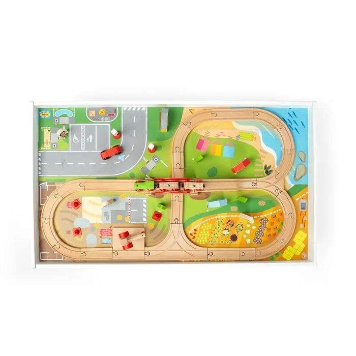 Drewniana kolejka dla dzieci w zestawie na drewnianym stole Bigjigs Rail BJT550