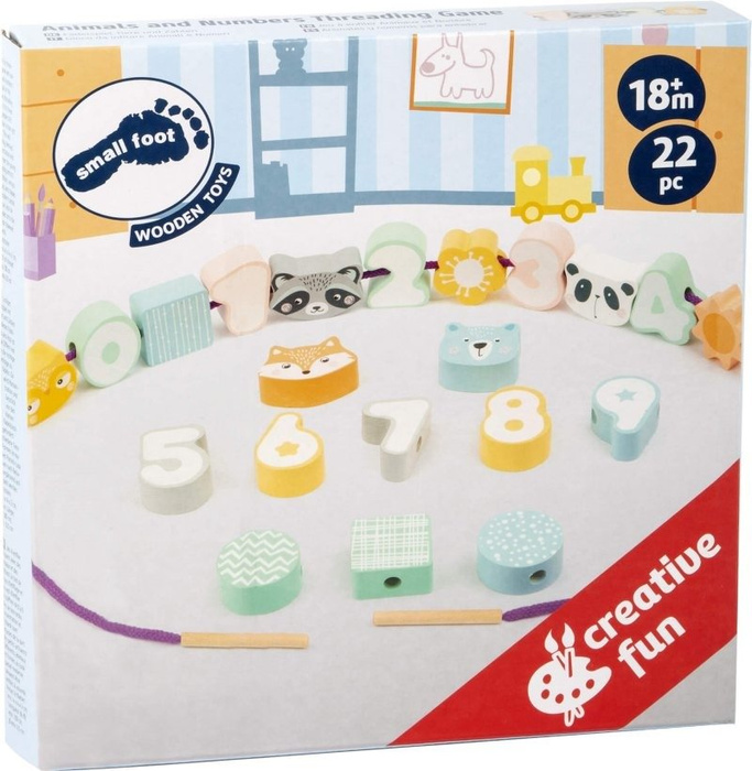 Gra edukacyjna Pastelowe liczby i zwierzaki Miś i przyjaciele 11475-Small Foot, nawlekanki, sznurowanie dla dzieci