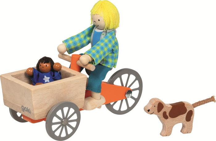 Rower towarowy z giętkimi lalkami i psem Goki 51462 drewniana Zabawka do domku dla lalek