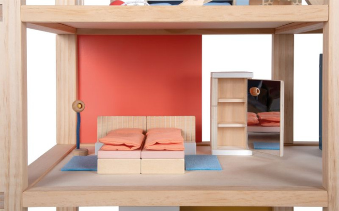 Duży drewniany domek dla lalek w stylu skandynawskim z 3 piętrami i tarasem z mebelkami Natura Small Foot 12541 Domki dla lalek