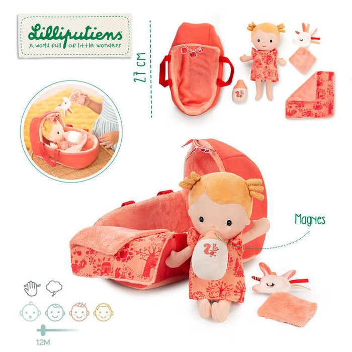 Lalka aktywizująca dzidziuś w gondoli z komforterem i butelką mleka Lena 83375 Lilliputiens