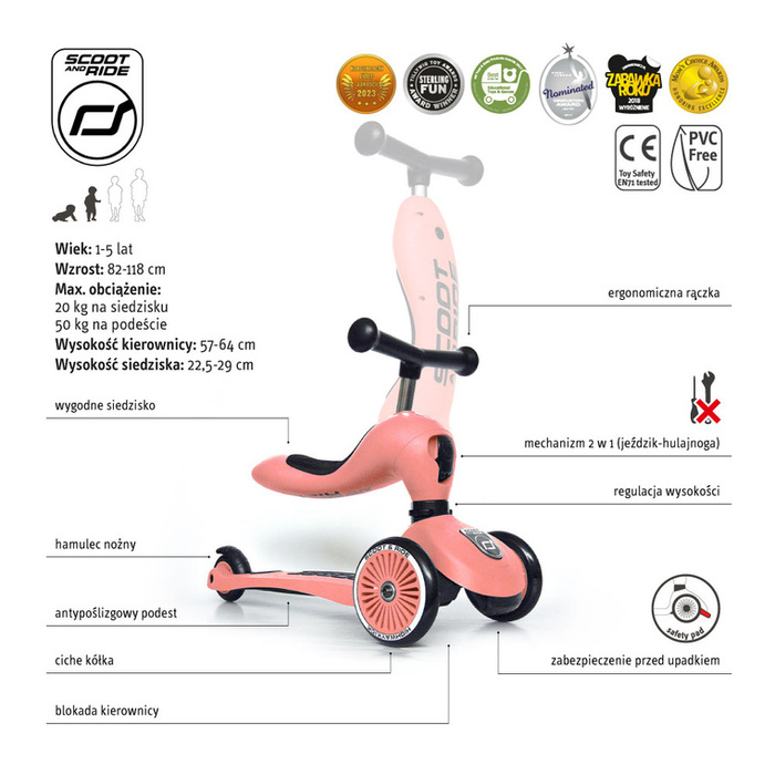 Highwaykick1 2w1 Jeździk i hulajnoga 1-5 lat Peach 96353-Scootandride