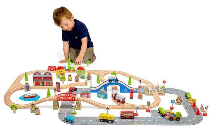 Kolejka drewniana i droga miejska 105 elementów Bigjigs Rail BJT032