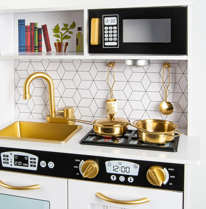 Kuchnia drewniana dla dzieci z kostkarką do lodu tablicą kredową telefonem z dźwiękiem i światłem