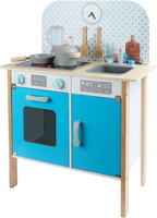 Drewniana kuchnia dla dzieci z naczyniami i zegarem niebieski kolor światło dźwięk